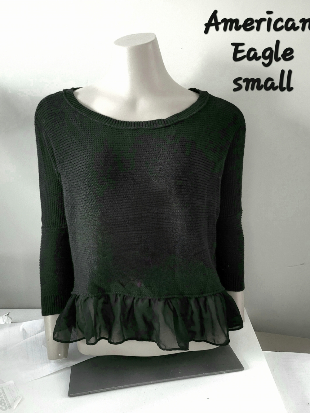American Eagle Outfitters Black Ruffle-Hem Knit Top - Small